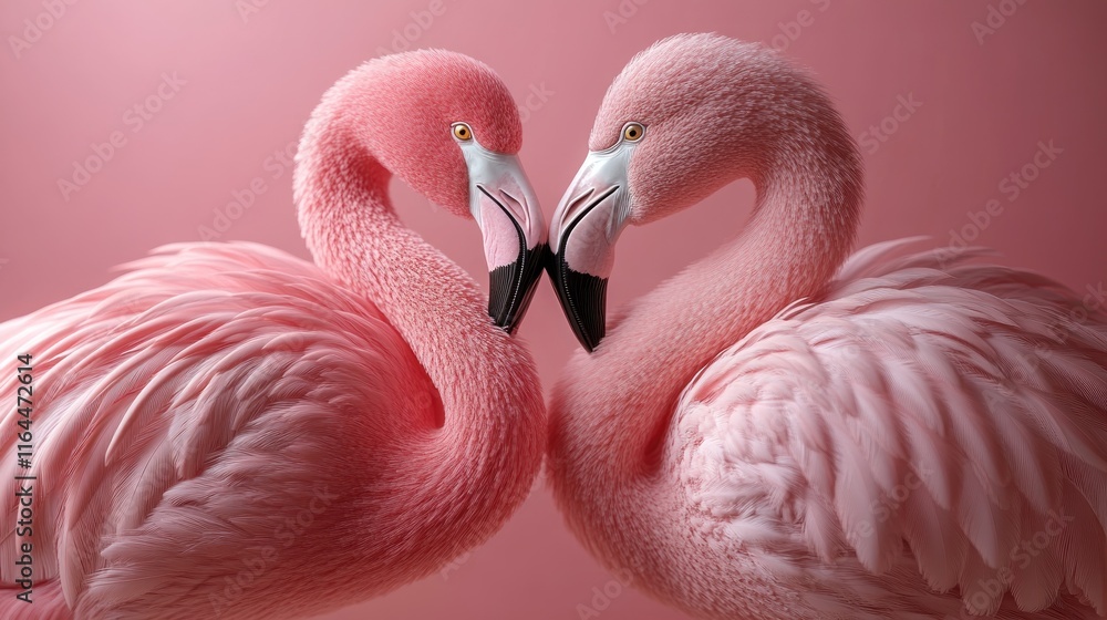 Naklejka premium Two pink flamingos forming a heart shape. (1)