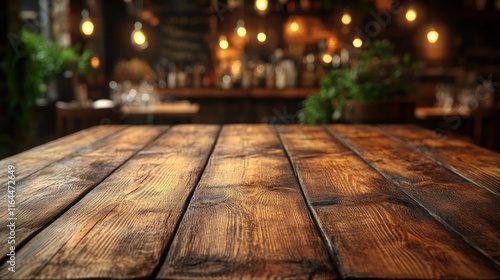 Empty rustic wooden table in a blurred restaurant background.