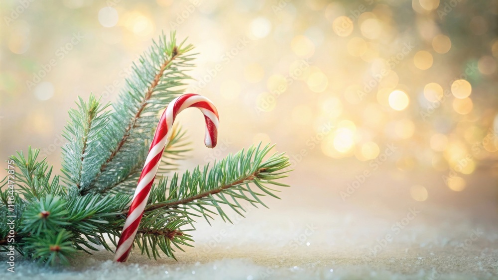 Festive Candy Cane Resting on a Snowy Evergreen Branch with a Sparkling Background Festive Candy Cane Resting on a Snowy Evergreen Branch with a Sparkling Background