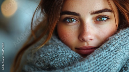 Young woman relaxing with closed eyes wrapped in cozy fur blanket at home dur...