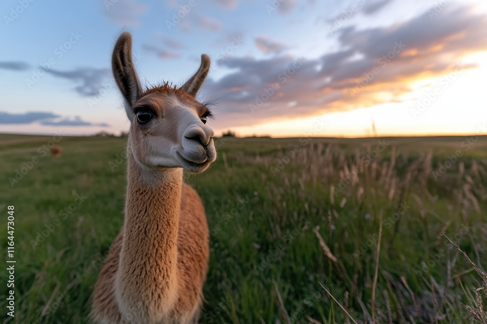 Obraz premium A friendly animal stands in a lush green field during a vibrant sunset, showcasing the beauty and tranquility of nature amidst the pastoral landscape and gentle evening light.