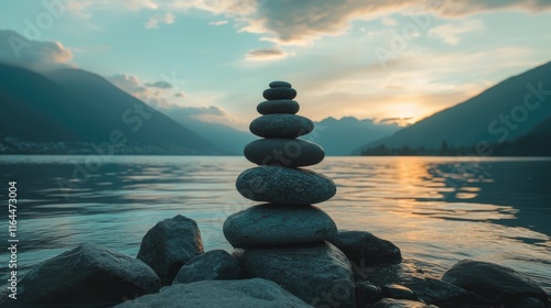 Meditation mindfulness stones stacked by serene water at sunset for tranquility and balance concept in nature setting