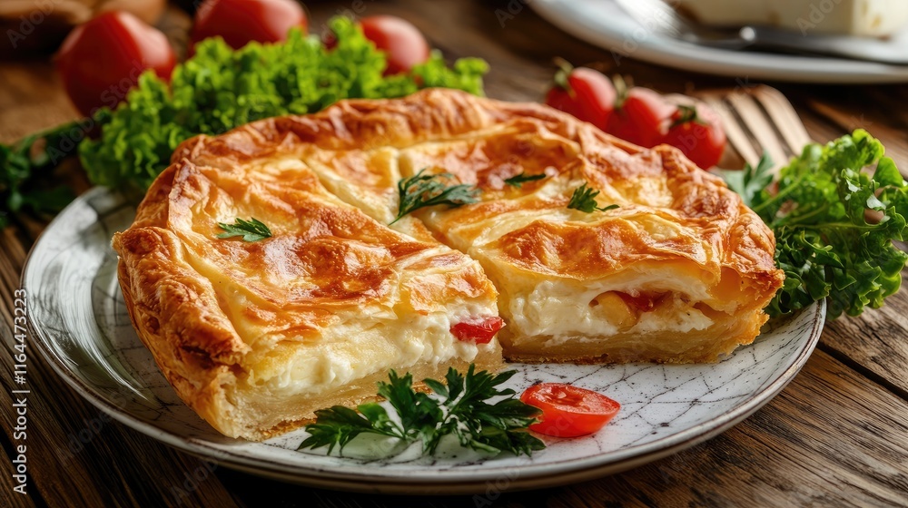 Delicious baked cheese pie with fresh ingredients on a wooden table perfect for a hearty breakfast or brunch setting Delicious baked cheese pie with fresh ingredients on a wooden table perfect for a hearty breakfast or brunch setting