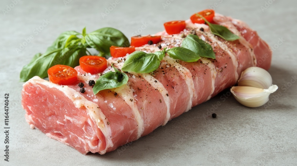 Pork loin preparation with fresh vegetables and spices showcasing healthy cooking and protein-rich meals for culinary inspiration Pork loin preparation with fresh vegetables and spices showcasing healthy cooking and protein-rich meals for culinary inspiration