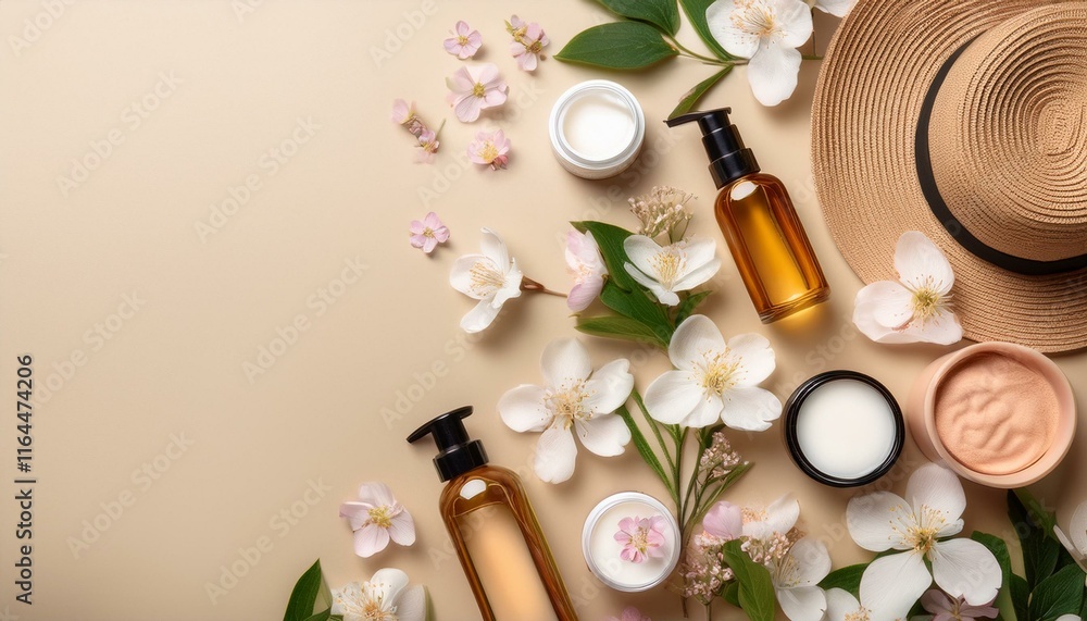 beauty products background flat lay with spring skincare haircare and makeup items on beige copy space beauty products background flat lay with spring skincare haircare and makeup items on beige copy space