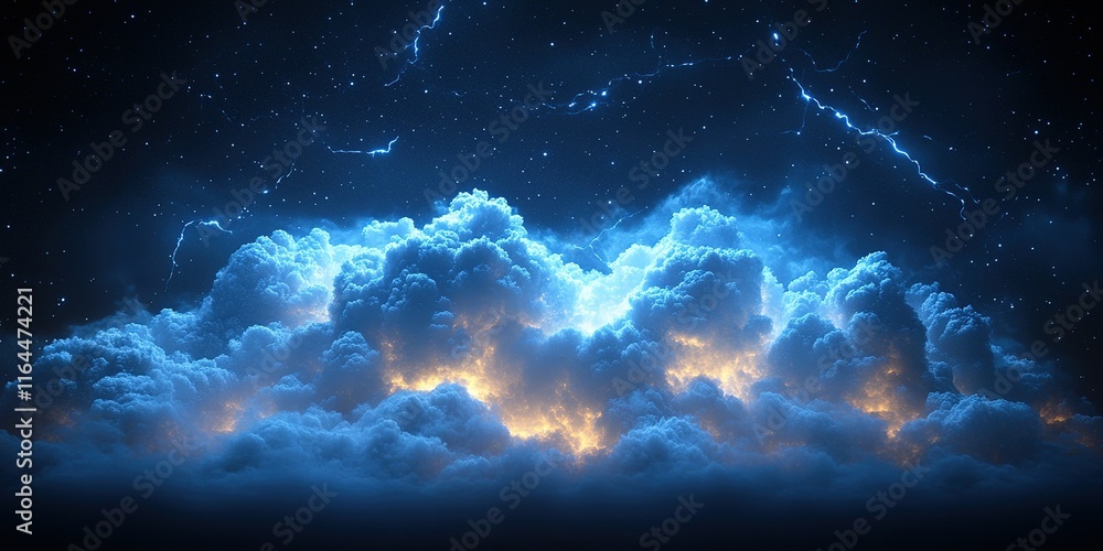 Fototapeta premium Dramatic night sky filled with illuminated clouds and electric storm activity over a tranquil landscape