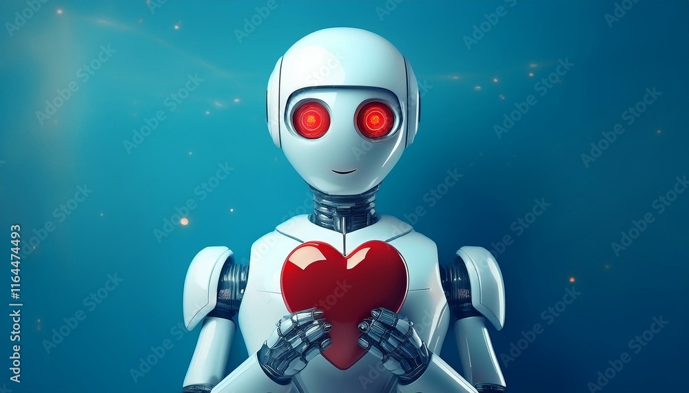 futuristic white robot with red eyes holding a red heart symbolizing ai love on blue background futuristic white robot with red eyes holding a red heart symbolizing ai love on blue background