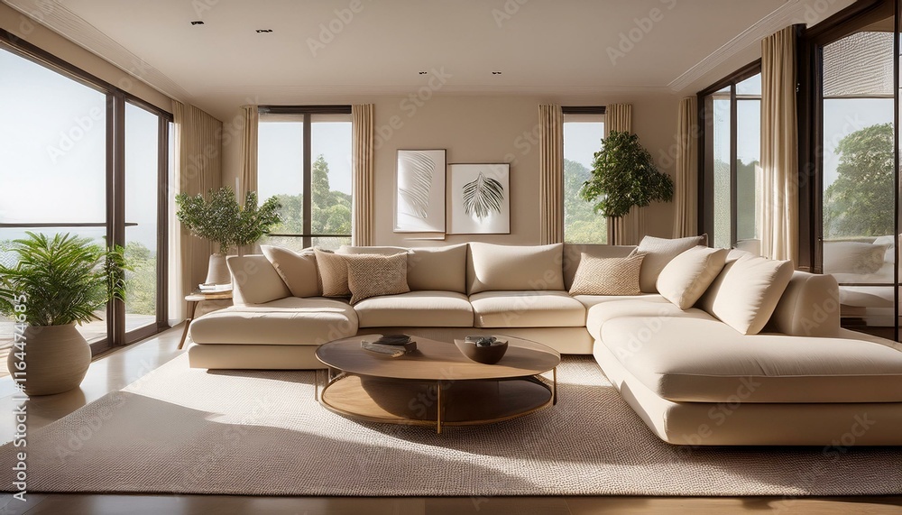 Fototapeta premium beige tones dominate a serene living space plump couches and minimalist decor invite peaceful relaxation