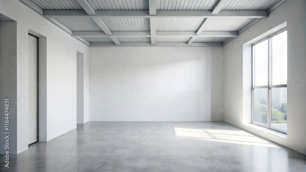 Spacious empty room with white walls, large window, and a coffered ceiling Spacious empty room with white walls, large window, and a coffered ceiling