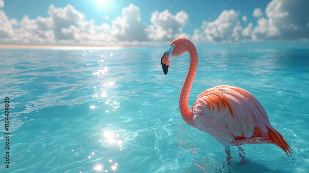 Fototapeta premium Pink flamingo wading in turquoise ocean water under a sunny sky.