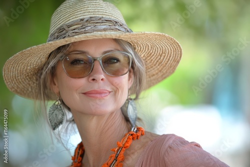Woman wearing a straw hat and sunglasses enjoying a sunny day outdoors