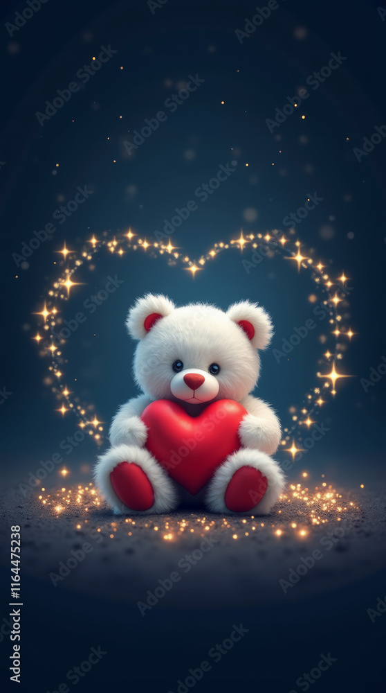 A Dreamy Valentine’s Day Scene Featuring a White Teddy Bear Holding a Red Heart Seated in the Center A Dreamy Valentine’s Day Scene Featuring a White Teddy Bear Holding a Red Heart Seated in the Center