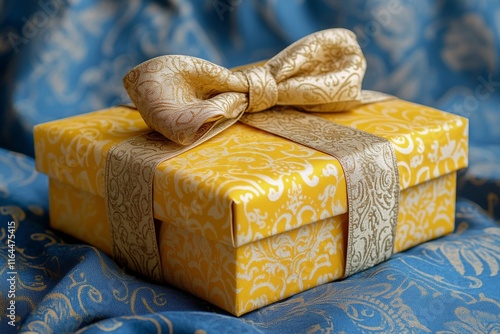 Bright yellow gift box with ribbon on neutral background ready for special oc...