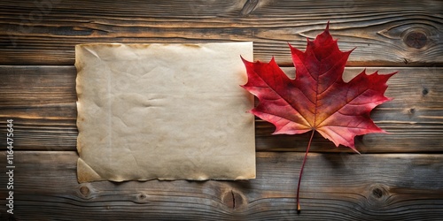 Rustic Autumnal Background Featuring a Blank Parchment Paper and a Vibrant Red Leaf on Weathered Wood