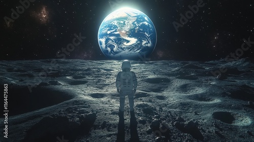 An astronaut stands on the Moon, observing Earth in the distance. The lunar surface is rocky and cratered, surrounded by a vast, dark universe filled with stars. Generative AI photo