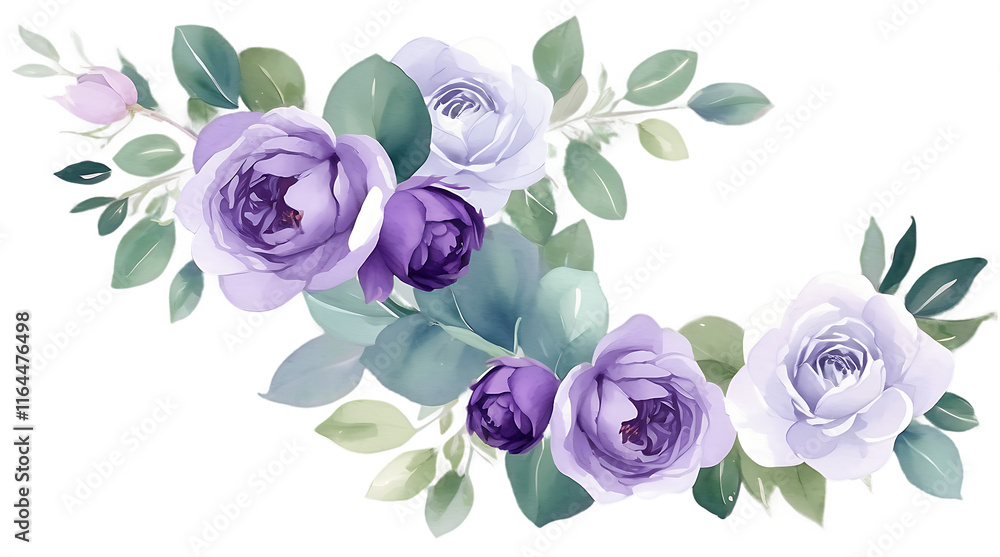 Fototapeta premium Watercolor Violet Floral Border with Purple Roses, Lilac Peony, and Eucalyptus Greenery Frame, PNG Transparent Background