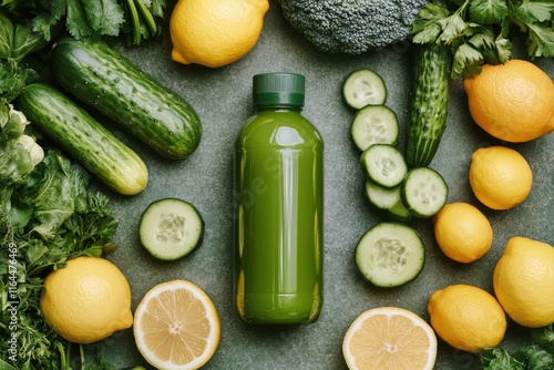 Fresh green smoothie surrounded by cucumbers, lemons, and herbs on a vibrant ...