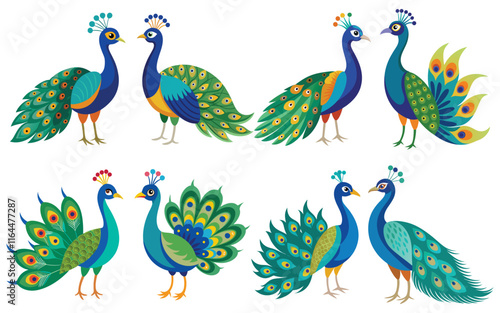 Colorful peacock illustrations set, perfect for design projects.
