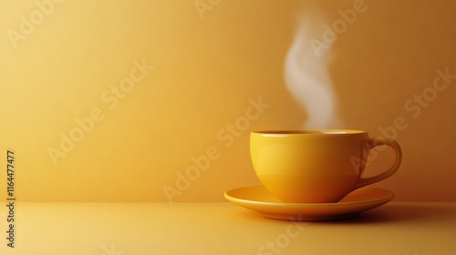 Warm cup of coffee with steam rising and coffee beans on a yellow background
