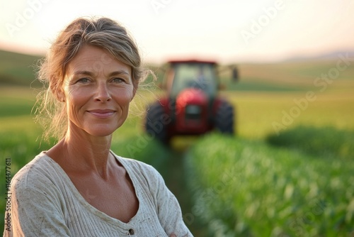 Woman smiling in green field with tractor in background during golden hour