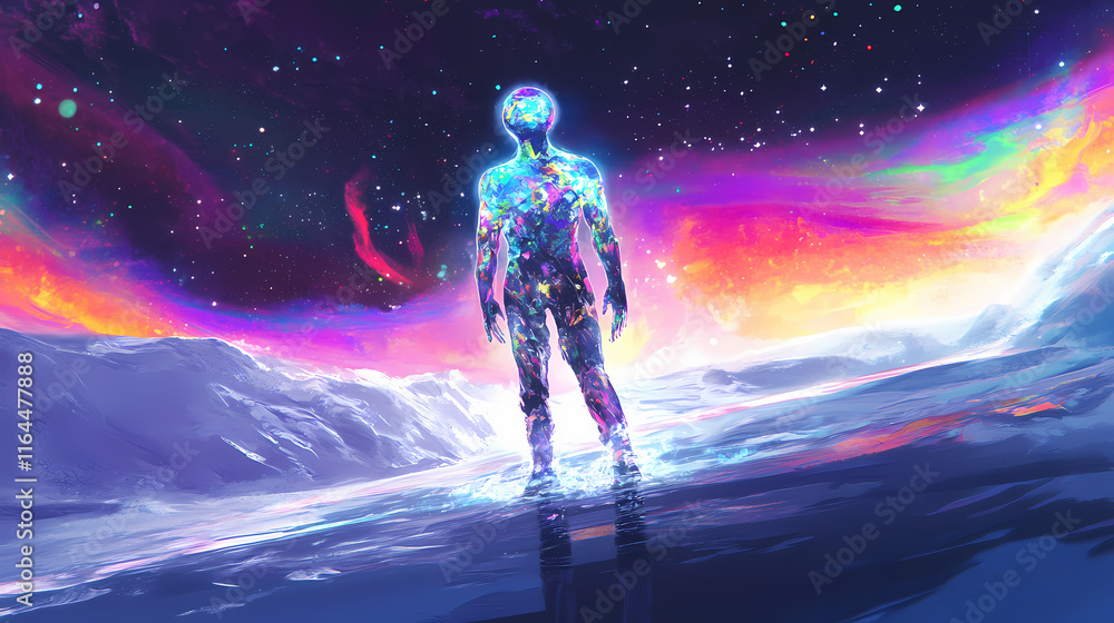 Obraz premium Crystalline alien form standing on the icy surface of an exoplanet surrounded by vibrant colorful aurora lights dancing across the celestial landscape. Luminiferous. Illustration