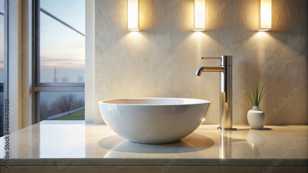 Modern minimalist bathroom design featuring a sleek vessel sink and contemporary faucet Modern minimalist bathroom design featuring a sleek vessel sink and contemporary faucet