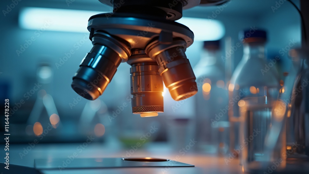 Close-up of Microscope Lenses in a Laboratory Setting, Scientific Research and Medical Technology Concept Close-up of Microscope Lenses in a Laboratory Setting, Scientific Research and Medical Technology Concept
