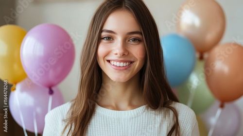 Smiling young woman surrounded by colorful balloons celebrating a joyful occa...