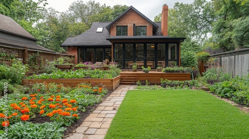 Lush garden and cozy house in an urban neighborhood with vibrant flowers duri...