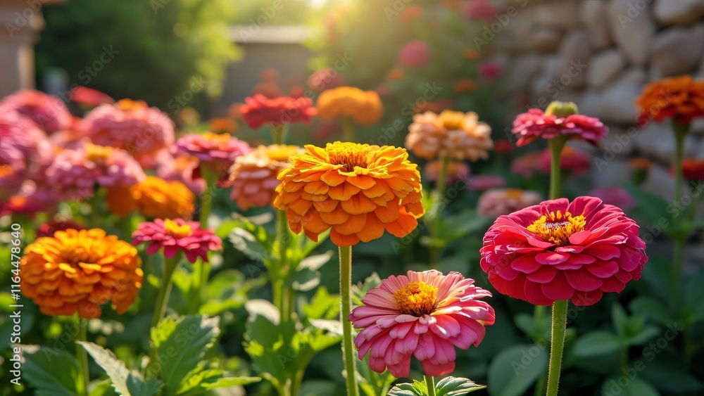 Vibrant Spring Zinnias in Lush Garden, Sun-Drenched Blooms Against Weathered Stone Wall