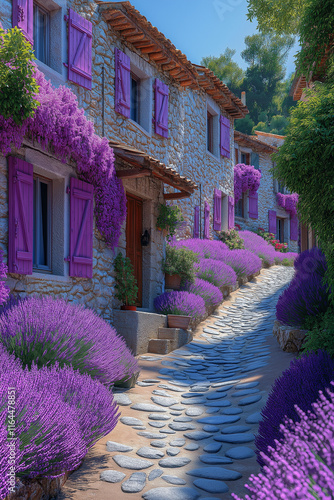 Photo réaliste professionnelle d’une rue étroite dans un village provençal, bordée de champs de lavandes vibrants et de volets colorés sur des cottages en pierre