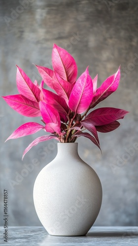 Colorful pink leaves in a minimalist round vase against a neutral background