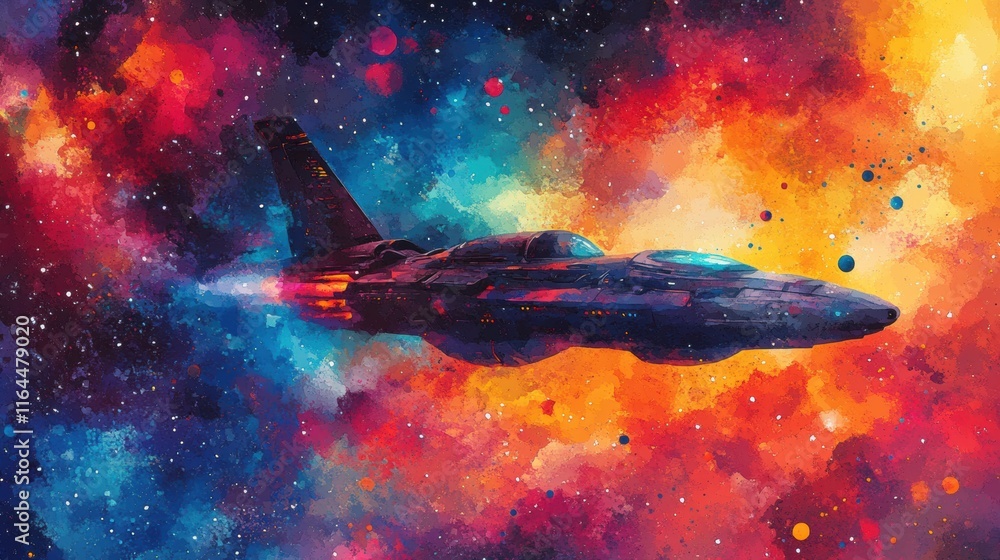 Futuristic jet soars through colorful cosmic clouds space digital art vibrant environment Futuristic jet soars through colorful cosmic clouds space digital art vibrant environment