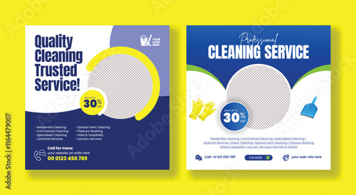 Cleaning service social media posts, banners, business promotional ads, Maid service social media banners, or web banner template designs. Housekeeping, wash, clean or repair service marketing flyer