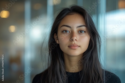 Young woman with long dark hair poses confidently in a modern indoor setting ...