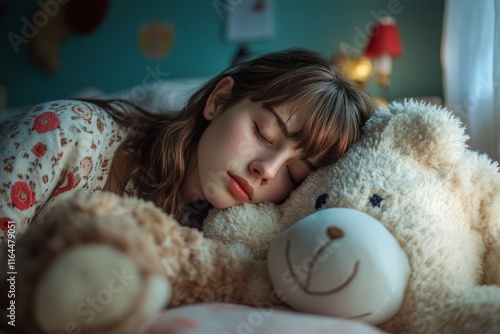 Young girl with teddy bear resting on bed in softly lit room during afternoon