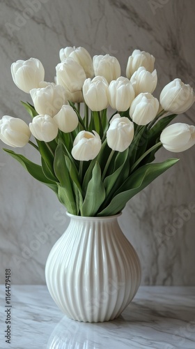 White tulips arranged in a simple vase on a wooden table in a cozy living roo...