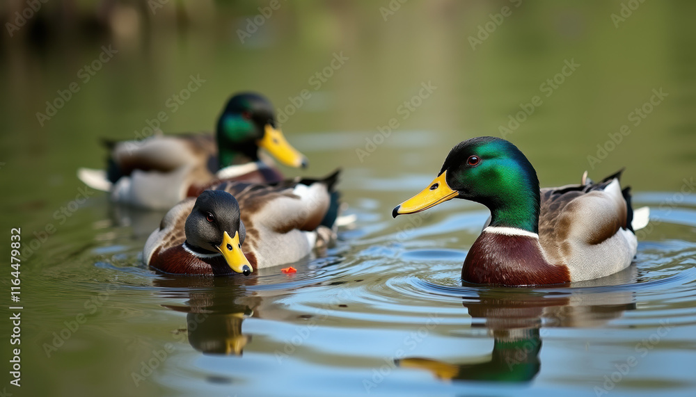 Obraz premium Ducks interacting in calm waters, representing the beauty and importance of wetlands for World Wetlands Day.