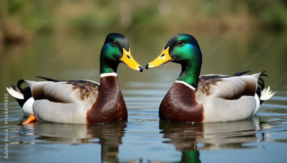 Obraz premium A tender moment of bond between two ducks in a tranquil wetland, celebrating the significance of wetlands on World Wetlands Day.