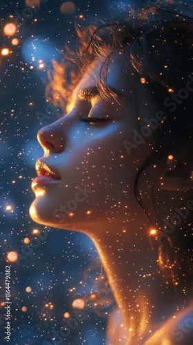 Woman reflecting amidst a celestial background of stars and galaxies in a dre...