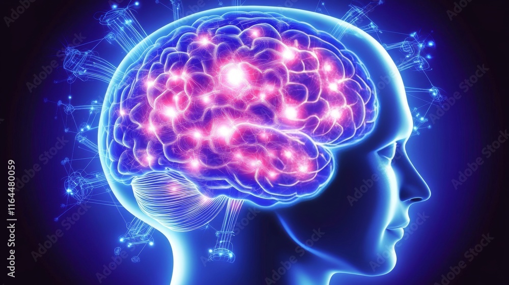 Human Brain Network, Glowing Neural Connections, and Cognitive Processes in a 3D Illustration Human Brain Network, Glowing Neural Connections, and Cognitive Processes in a 3D Illustration