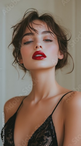 Portrait of a woman with striking red lips wearing a black dress in soft ligh...