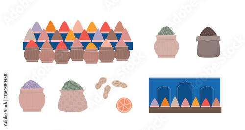 Eastern asian arabic spice market. Oriental bazaar elements vector illustration. Simple arabian shop with dry herbs, spices, nuts, fruit