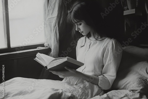 Woman reading a book by the window in a cozy bedroom in soft light