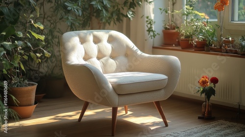 Cozy white tufted chair positioned in a vintage interior with natural lightin...