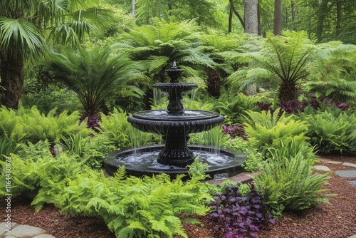 Lush garden fountain surrounded by vibrant flowers in serene indoor setting