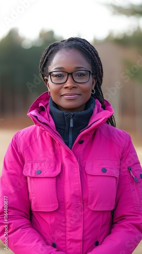 Portrait of a young woman with long hair and glasses outdoors on an overcast day