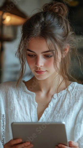 Young woman engaged in reading on a tablet in a cozy indoor environment durin...