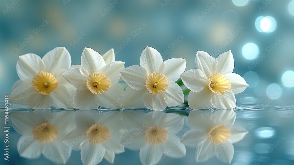 Four white daffodils with yellow centers floating on water, reflected on a teal surface with bokeh lights.