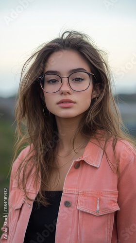 Portrait of a young woman with long hair and glasses outdoors on an overcast day